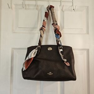 Coach Brown Leather Shoulder Bag with Multicolor Scarf Handles